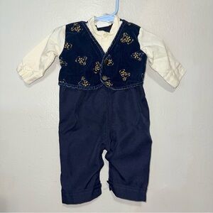 Vintage Little Cadet navy blue one piece with gold teddy bears  Size 3-6 months